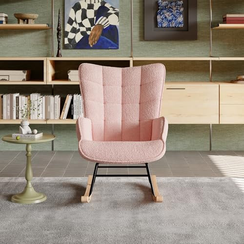 KOOPMAD Schaukelstuhl, skandinavisch, Schaukelstuhl, Schaukelstuhl aus Metall und Holz, Stillstuhl, skandinavischer Sessel, für Wohnzimmer, Schlafzimmer (Rosa, 68 x 92 x 75 cm)