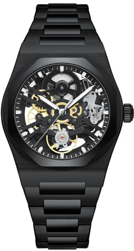 BETTIMER Automatisk skelettklocka schweizisk mekanisk rörelse SL2203 stål 316L 38,5 mm vattentät 10ATM glas safir mekanisk klocka herr, svart, armband