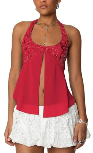 FeMereina Damen Y2K Pailletten-Cami-Top mit Perlen, Strass, ärmellos, Neckholder, Patchwork, Tanktop, glitzernd, rückenfrei, bauchfreies Top zum Ausgehen, rot, S