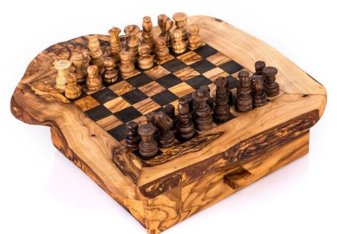 Olive Wood Chess Board with One Drawer with 32 Finely Carved Olive Wood Pieces
