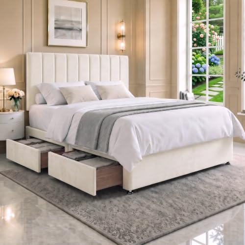 amu - Luxurious 4FT6 Stripe Double Bed with 2 Storage Drawers | Plush Fabric | Elegant Space-Saving Comfort for Restful Sleep | Built to Last (Cream)