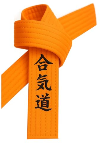 TEKKA BUDO Ceinture d'aïkido brodée orange - caractères d'aïkido janais - Ceinture orange avec broderie kanji, Orange, 220 cm