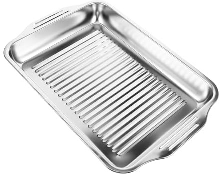 CLISPEED Plat de Cuisson Rectangulaire Inox pour Grillade de Poisson Compatible Plaques à Induction Plateau Rôtir et Polyvalent pour Four et Barbecue Moyenne avec Bords