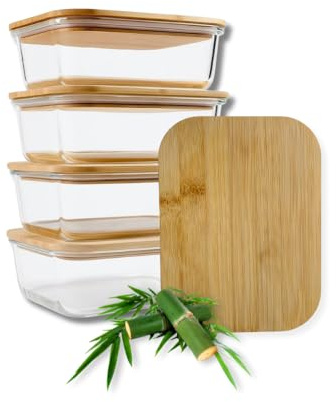 Glass Containers with Lids- Reusable Meal prep containers with Lid, Small glass containers, Glass Tupperware boxes with air-tight lid for food storage containers with Bamboo lid (04 Set) 1040ml