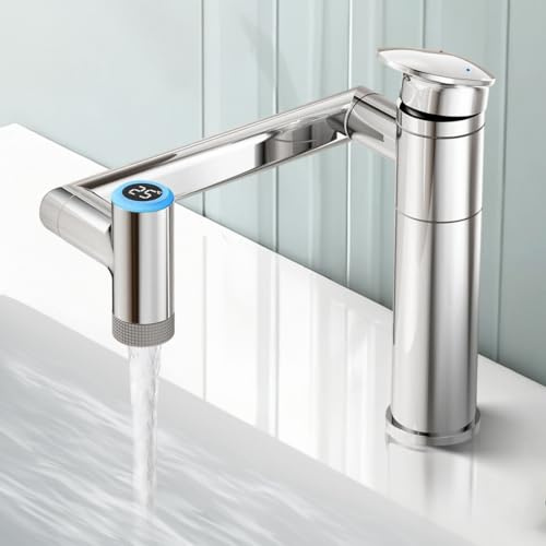 Wasserhahn Bad mit Temperaturanzeige(Batterielos), 1080° Drehbare Waschtischarmatur, Höhenverstellbare Badezimmer Waschtischarmaturen, Die Schlauchspezifikation lautet G1/2（silber）