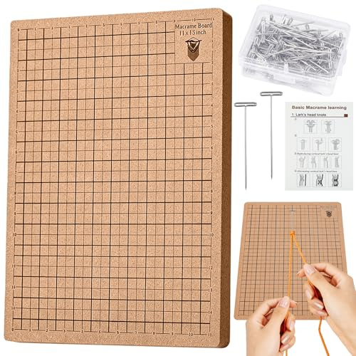 Macrame Board mit Stiften 40x30cm, Doppelseitiges Makramee mit 50 Stahl T-Nadeln, Quadratisches Rastern Wiederverwendbares, Tragbares Flechtbrett für Flechten Armbändern Knotenschnur Baumwollseil