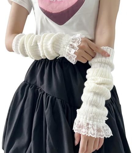AffeGifts Armvärmare, varma handledsvärmare långa handskar dam Y2k coola flickor stickade armskydd långa armhandskar för flickor på våren, hösten, vintern, Vit, 40 * 9cm