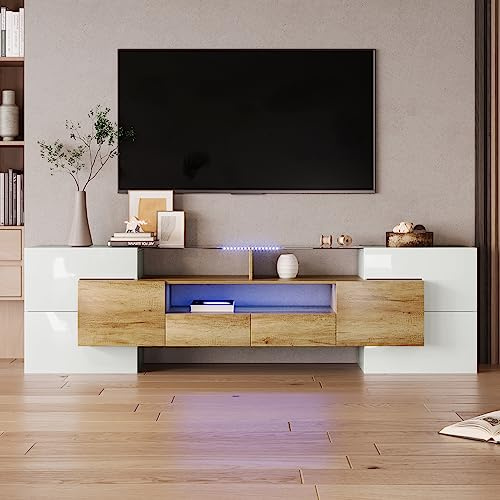 Luscriate TV Lowboard 200 cm Hochglanz – Moderner TV Schrank, 6 Türen, 2 Schubladen & Glasoberfläche, Fernsehschrank für Wohnzimmer, Natural&White (Natrual)