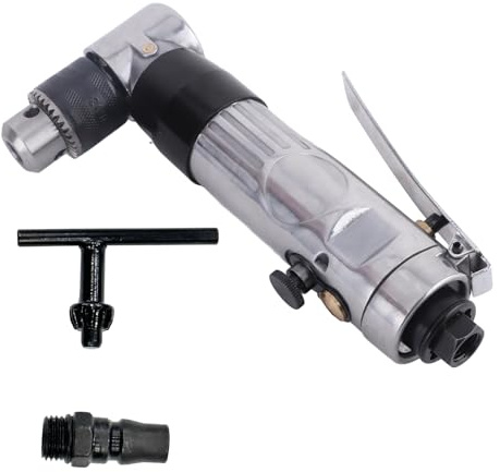 Baxnore 90 Degree Air Angle Reversible Drill Pneumatic Power Tool with Wrench High Torque Forward Reverse Function for Metal Wood Drilling Zinc Alloy Construction 3/8 Inch Chuck Si