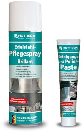 HOTREGA Edelstahl-Pflegespray 500ml + Polierpaste 125ml | Metallreiniger | Reinigungspaste + Glanzspray Set gegen Kalk, Rostflecken oder Fett | Ideal für Küche, Dunstabzugshaube & Kunststoffflächen