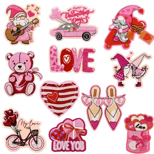 11 Packs Valentine’s Day Iron on Patches Rose Red Heart Love Patches Embroidered Sew on Appliques Cute Dwarf Bear High Heels Pattern Repair Patch DIY Craft for Xmas Clothing Jacket Jeans Pants