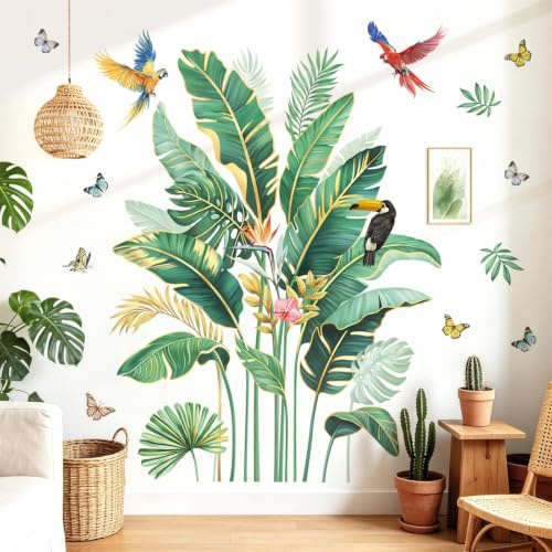 wondever Stickers Muraux Feuilles Palmier Vertes Autocollants Muraux Doré | Décoration Murale Peel & Stick, Décoration Chambre Salon Salle de Bains, Couleurs Vives et Nettes, Stickers Murals Amovible