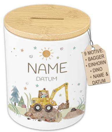 Personalisierte Spardose für Kinder mit Holzdeckel & Wimmelbild – Keramik Spardose Holz im Skandi-Look, Geldgeschenk zur Geburt & Exklusives Taufgeschenk Pate (Mädchen & Junge, 9 Motive)