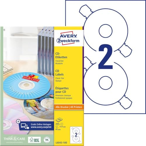 AVERY Zweckform L6043-100 selbstklebende CD-Etiketten (200 blickdichte CD-Aufkleber, Ø 117mm auf A4, ClassicSize, Papier matt, bedruckbare Klebeetiketten für alle A4-Drucker) 100 Blatt, weiß