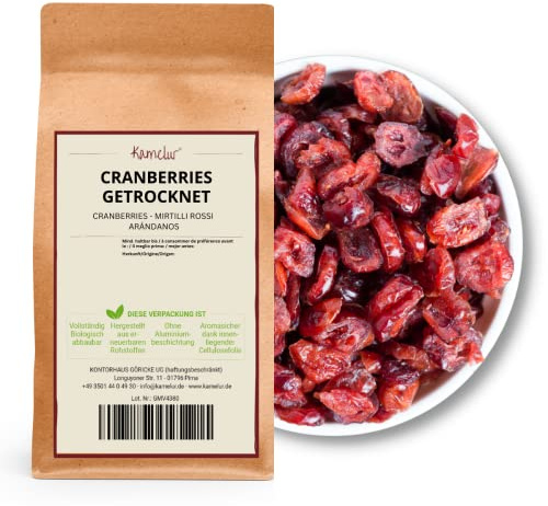 Kamelur 1kg di mirtilli rossi secchi non zuccherati, addolciti naturalmente con succo concentrato di ananas - perfetti come delizioso ingrediente nel muesli o nelle miscele di noci