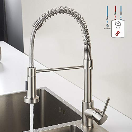 Aimadi Niederdruck Mischbatterie Küchenarmatur Wasserhahn 360° drehbar Armatur Küche Spiralfederarmatur Küchenspüle Geschirrbrause Spültischarmatur Gebürsteter Nickel