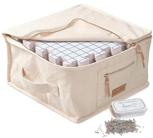 KnitIQ Set Premium di Tappetini di Bloccaggio per Lavorare a Maglia – 9 Tappetini di Schiuma Extra Doppi con Griglie, 150 Spilli, Borsa di Qualità per Lavori di Maglia o Uncinetto - Design Naturale