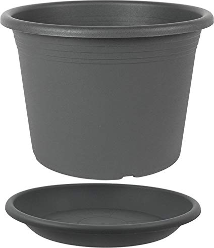 MePla - Blumentopf Pflanzkübel Cylindro ø60 cm + Untersetzer ø58 cm, Anthrazit, wetterfest aus UV-beständigem Kunststoff