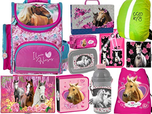 Pferd Pferde Schulranzen Set Ranzen Schulranzen Tornister Federmappe Turnbeutel Brotdose Wasserflasche Malkoffer Heftbox Stiftetasche Schreibset Regenschutz 11-teiliges Set