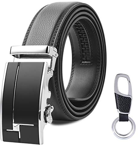 flintronic Herren Gürtel,Hochwertiges Leder material Ratsche Automatik Gürtel für Männer Ledergürtel Breite 3.5cm Länge 130CM-Schwarz (inkl Schlüsselbund & Geschenkbox)