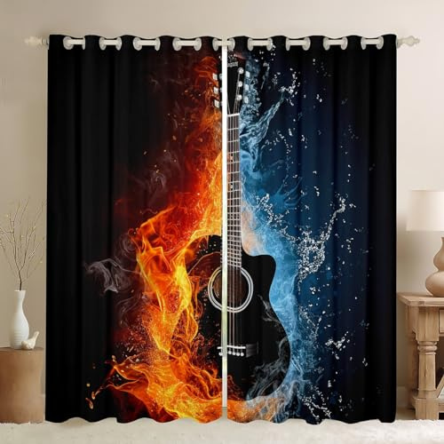 Feelyou Guitar Curtains Fire Water Guitar Window Curtains for Bedroom Living Room Decor Rock Music Window Drapes for Kids Boys Girls Musical Instruments Window Treatments (2 Panels, 42 x 84 Inch)