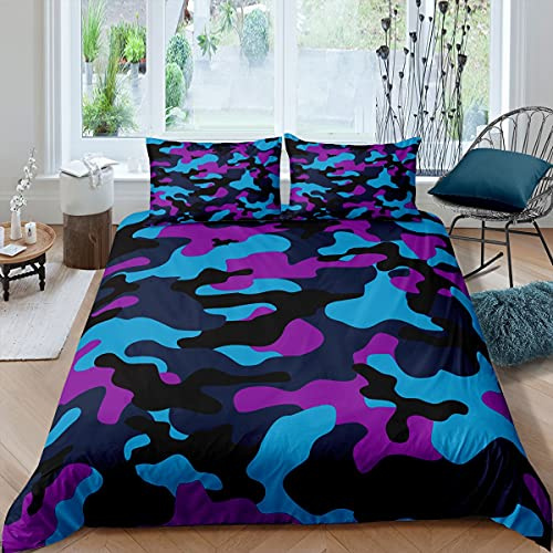 Set di biancheria da letto mimetica militare per ragazzi e ragazze, motivo mimetico, set di biancheria da letto per letto matrimoniale, colore: blu e viola