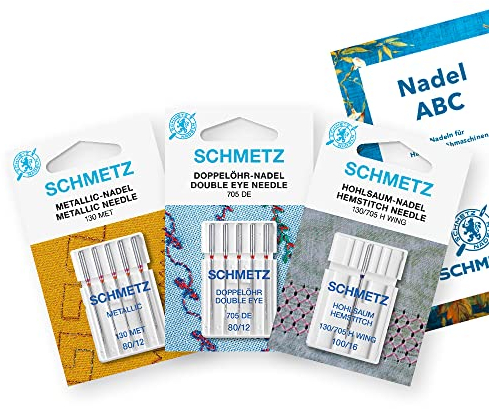 SCHMETZ | 11 Nähmaschinennadeln | Creative Set | Metallic/Doppelöhr/Hohlsaum | Sortierungen | Inklusive 1 Nadel ABC