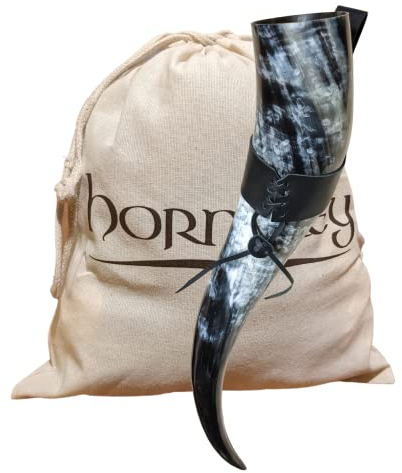 Hornerey Wikinger Trinkhorn 0,7l Mit Gürtelhalter Aus Echtleder - Echtes Mittelalter Methorn, LARP XXL, 1 Stück, Schwarz