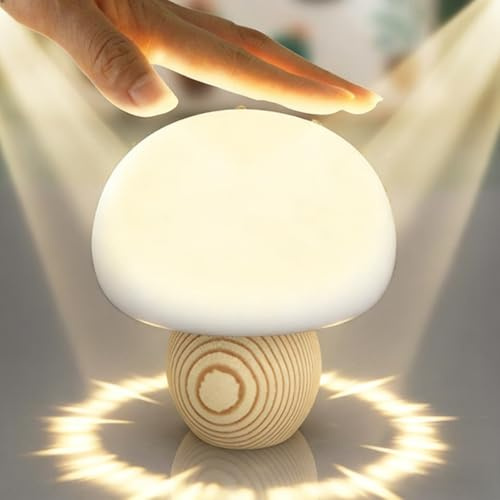 POCKETMAN LED-Nachtlicht, süßes Pilz-Pat-Licht, Silikon, USB-Nachtlampe, magnetischer Berührungssensor, Atmosphärenlampe, Schlafzimmer, Nachttischlampe | Buchenholzsockel, ungiftiges Silikon, 30-Minuten-Timer, 450mAh Akku, spritzwassergeschützt, automatische Abschaltung