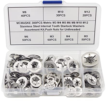 MCMASKE 300PCS Metric M3 M4 M5 M6 M8 M10 M12 Stainless Steel Internal Tooth Starlock Washers Assortment Kit;External Push Rings; Push On Washers;Push Nuts for Unthreaded Shafts