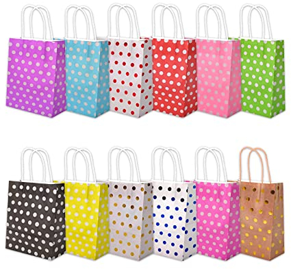 12 Stück | Bunte Geschenktüten | Geschenktasche | Tragetasche | Gepunktet | Papiertasche mit Henkel Geschenk Mitgebsel Kraftpapier Tasche Beutel Geschenkverpackung Party