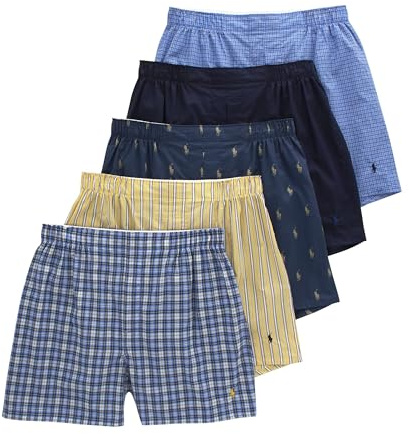 POLO RALPH LAUREN 5 Pack Classic Fit Woven Boxer Muller Plaid/Cruise Navy/Rustic Navy/Summer Stripe/Sag Harbor MD