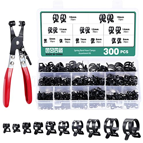 Faankiton 300 Pezzi Fascette per Tubi a Molla, 10 Misure 5-18mm Fascette Stringitubo a Molla, Fascette per Tubi Carburante, Morsetti per Tubi Flessibili con Pinze a Morsetto