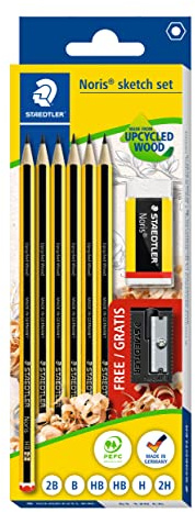 STAEDTLER Set da sketch Noris, realizzato in legno Upcycled, set di 6 matite di diversi gradi di durezza, gomma e temperamatite, 61 120 C6
