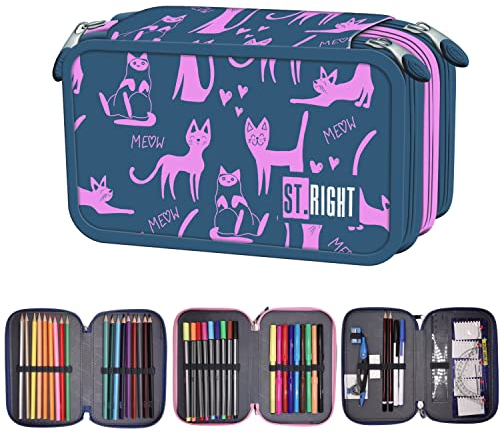 Goldkids St. Right XXL Federtasche Federmappe Federmäppchen 46-teilig gefüllte Schüleretui 3-stöckig 19 x 13 x 7 cm inkl. Hausaufgabenheft Lazy Cats Katzen