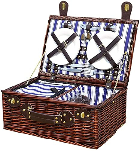 BASII Handgefertigter Picknickkorb für 4 Personen, tragbarer Picknickkorb mit isoliertem Fach und Zubehörset, Faltbarer Aufbewahrungskorb, 47 x 31 x 20 cm, a