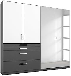 Rauch Möbel HARBURG-SUPER, Schrank, Weiß/Grau metallic, Breite 181 cm | Kleiderschrank, 4-türig, Spiegel, 4 Schubladen, für Schlafzimmer, Kinderzimmer, Jugendzimmer, Garderobe, Flur