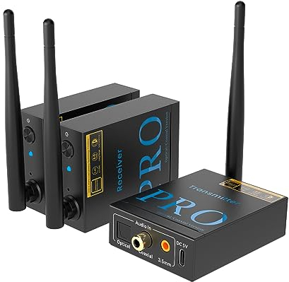 1Mii 3-in-1 Drahtlos Audio Sender Empfänger, 2,4GHz Audio funkübertragung, Low Latency, HiFi -Musik von TV/PC zu Aktiver Subwoofer/Lautsprecher/Stereo, Optisch/Koaxial/3,5-mm/Cinch-Ausgang/-Eingang