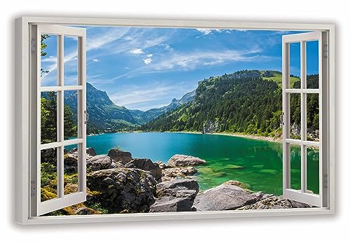 HUBDECO Leinwandbild Fensterblick See in den Bergen Bild 120x80 cm - Landschaftsbilder auf Leinwand - Wandbilder Wohnzimmer - Bild Fenster mit Ausblick - Aesthetic Room Decor - Wanddeko Schlafzimmer