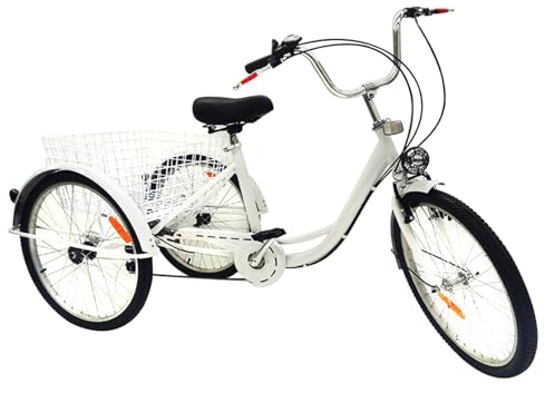 KEESUNG Dreirad für Erwachsene 24, 6 Gang Fahrrad Trike mit Licht & Einkaufskorb 3-Räder Fahrrad für Erwachsene Senioren, City Tricycle Fahrrad für Fahrten, Einkaufen, Outdoor-Aktivitäten/Weiß