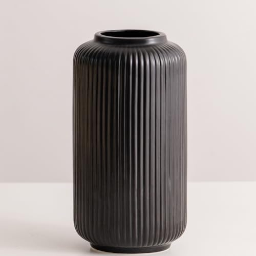 Tall 8 Inch Black Ceramic Ribbed Vases for Home Decor Table Centerpieces, Modern Stripe Design Decorative Flowers Vase for Pampas Grass