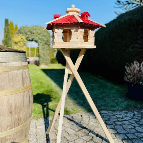 DARLUX Mangeoire pour oiseaux XL hexagonale en bois + support de mangeoire à oiseaux rouge naturel avec bardeaux en bois