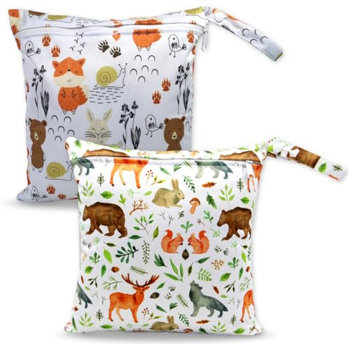 Borsa impermeabile per pannolini lavabili, set da 2, per trasportare pannolini sporchi, abbigliamento bagnato, vestiti sporchi. Per viaggi, campeggio, palestra, spiaggia. Design a tema animale.