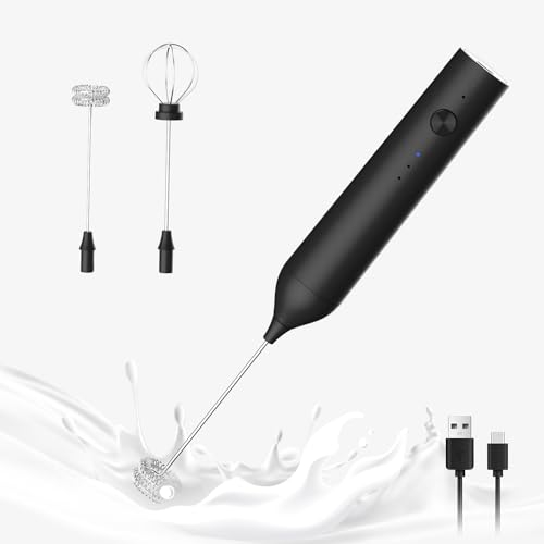 ELMWAY 3-Speed Rechargeable Milk Frother by ELMWAY – Handheld Electric Whisk for Coffee, Latte & Matcha, USB-C Charging, 2 Whisks & Long-Press Stop Function – Black