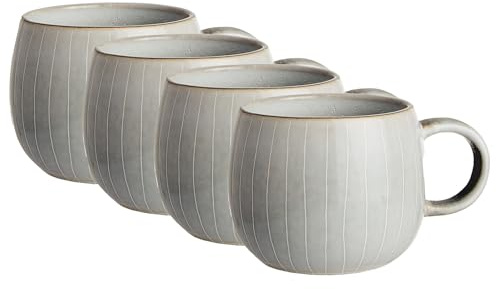 BUTLERS 4er-Set Kaffeetassen Steinzeug - HENLEY - spülmaschinenfest | Farbe Grau - 330 ml - Cappuccinotassen für Kaffeepausen - Teetassen für Heißgetränke - mit Linienstruktur