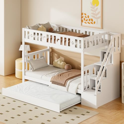 YESGIGA Kinderbett 90x200/90x190 cm, Massivholz-Etagenbett mit Sicherheitstreppe, Stauraumtreppe, Zwei großen Schubladen und Lattenrost (mit Ausziehbett)