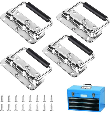 Supaway 4pcs Poignée de boîte à outils Poignées de caisse pliantes en fer Poignée pliante à ressort avec poignée en caoutchouc,110mm