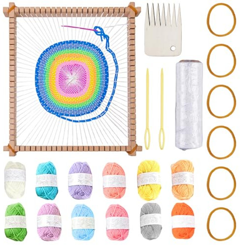 GOMETY Webrahmen, Holz Webrahmen für Kinder, DIY Holz Webrahmen Set 28 x 25cm Bespannen von Webrahmen mit Garn, Stab, Kamm, Schiffchen, Festem Gummiband und Anleitung für Anfänger und Kinder
