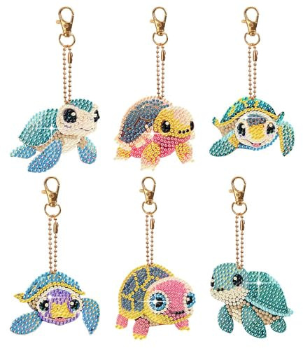 LFSX0828 6 Pcs DIY Diamond Art Keyrings, Double Sided Diamond Painting Keychains Kits for Adults, 5D Full Drill Gem Art Pendant, Backpack Handbag Ornaments Decoration (Turtle)