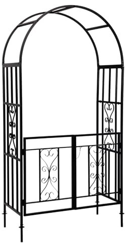 CyyKcc Black Garden Arbour Arch with Gate, Heavy Duty Metal Plant Climbing Arch Frame for Wedding, Party, Garden Pergola Arbor Trellis with Doors for Indoor, Outdoor